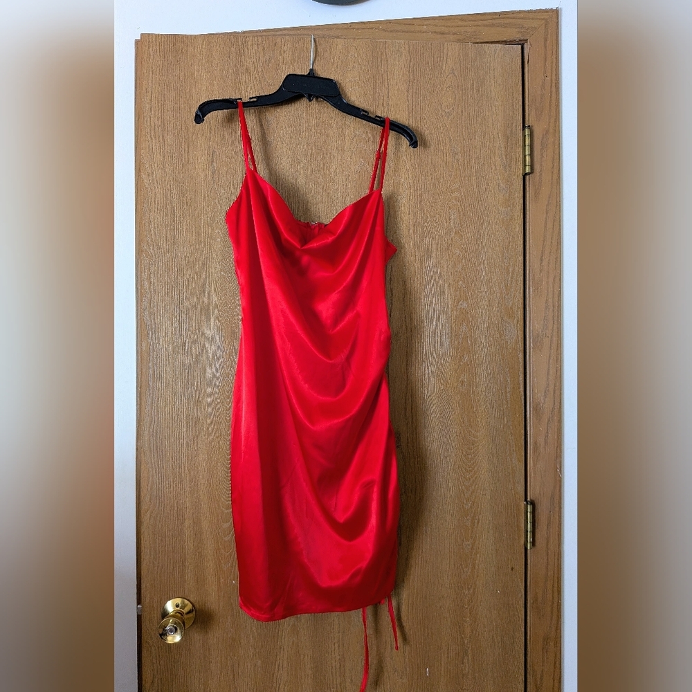 Red Satin Cowl Neck Mini Dress